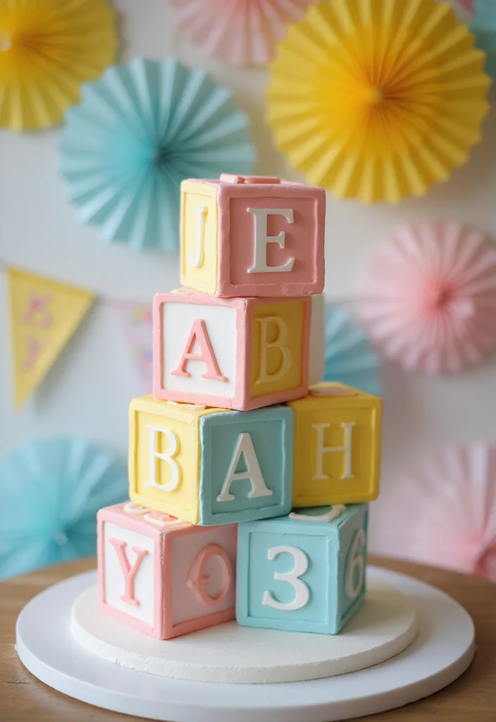 10 Easy DIY Baby Shower Cake Designs That Look Professional (You Can Totally Do #8!) - 10. Baby Blocks Cake