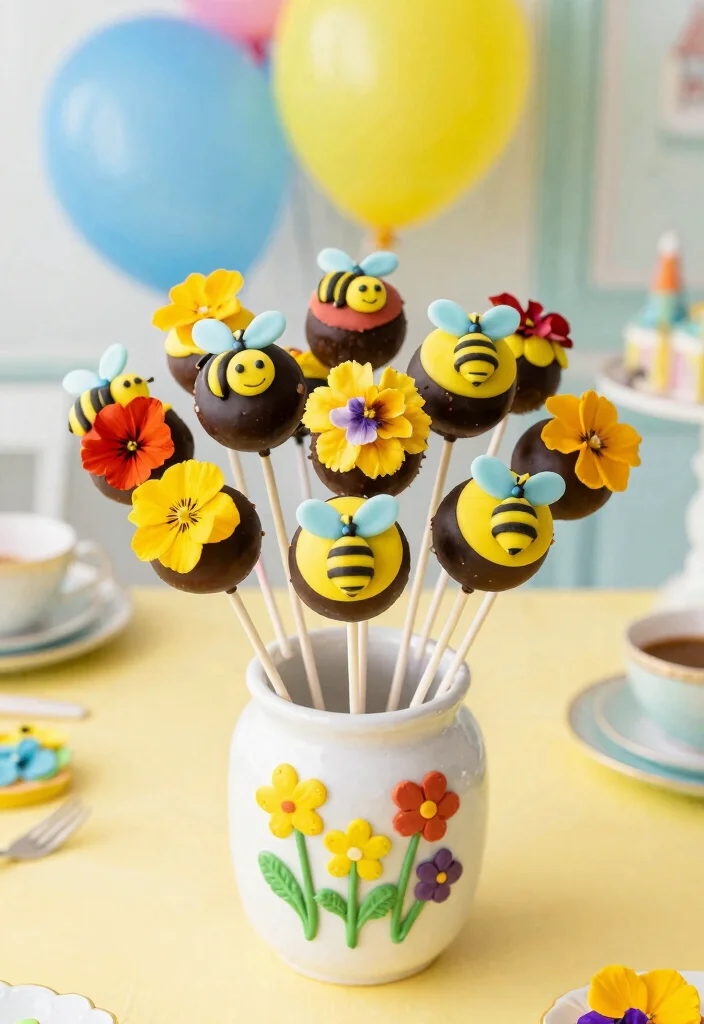 15 Bee Birthday Cake Ideas for a Sweet Celebration - 8. Flower and Bee Themed Cake Pops 1
