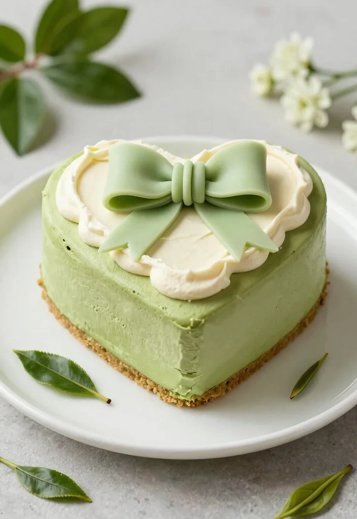 15 Heart Cake With Bows Ideas: Cute Feminine Designs - 11. Matcha Heart Cake with Delicate Bows 1
