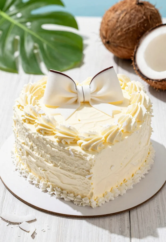 15 Heart Cake With Bows Ideas: Cute Feminine Designs - 13. Coconut Cream Heart Cake with Bow 1