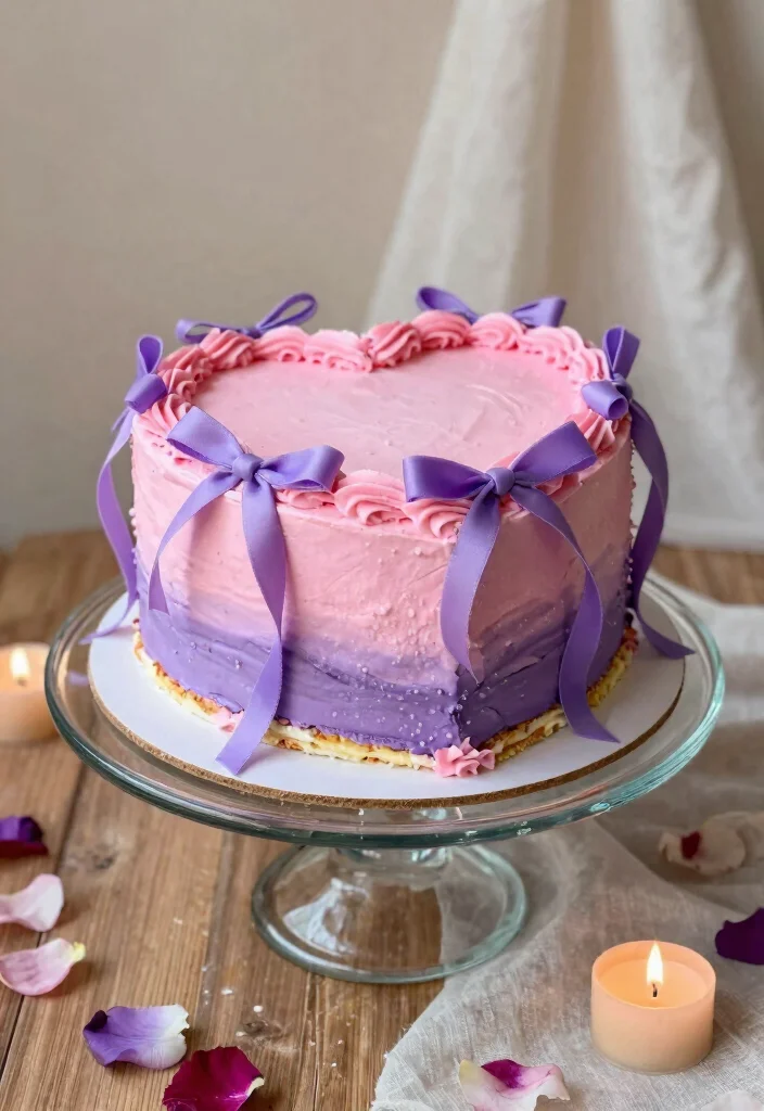 15 Heart Cake With Bows Ideas: Cute Feminine Designs - 3. Ombre Heart Cake with Ribbons 1