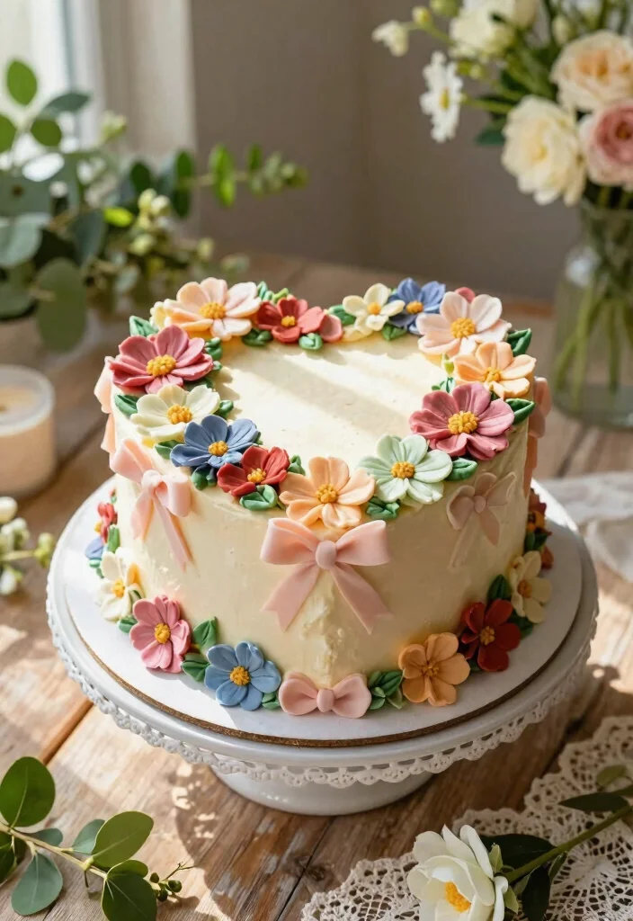 15 Heart Cake With Bows Ideas: Cute Feminine Designs - 4. Floral Heart Cake with Bow Accents 1