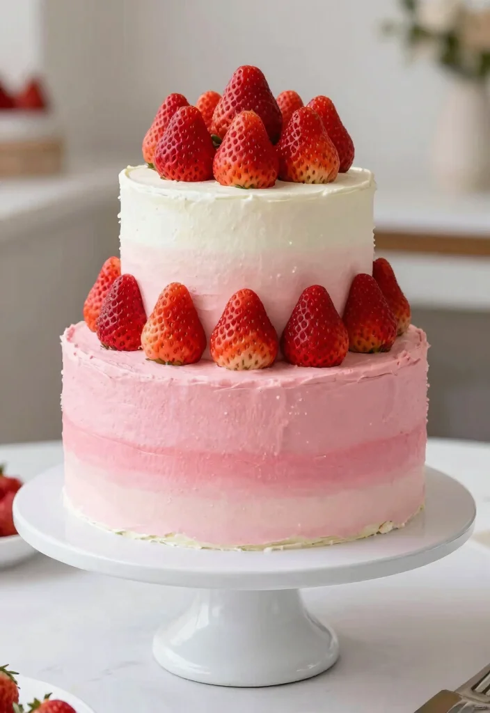 15 Strawberry Cake Decoration Ideas: Fresh Fruity Designs - 3. Ombre Strawberry Cake 1