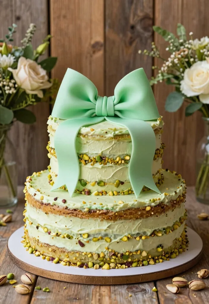 15 Wedding Cake With Bow Ideas: Elegant Soft Detail - 12. Pistachio Cake with Green Bow 1