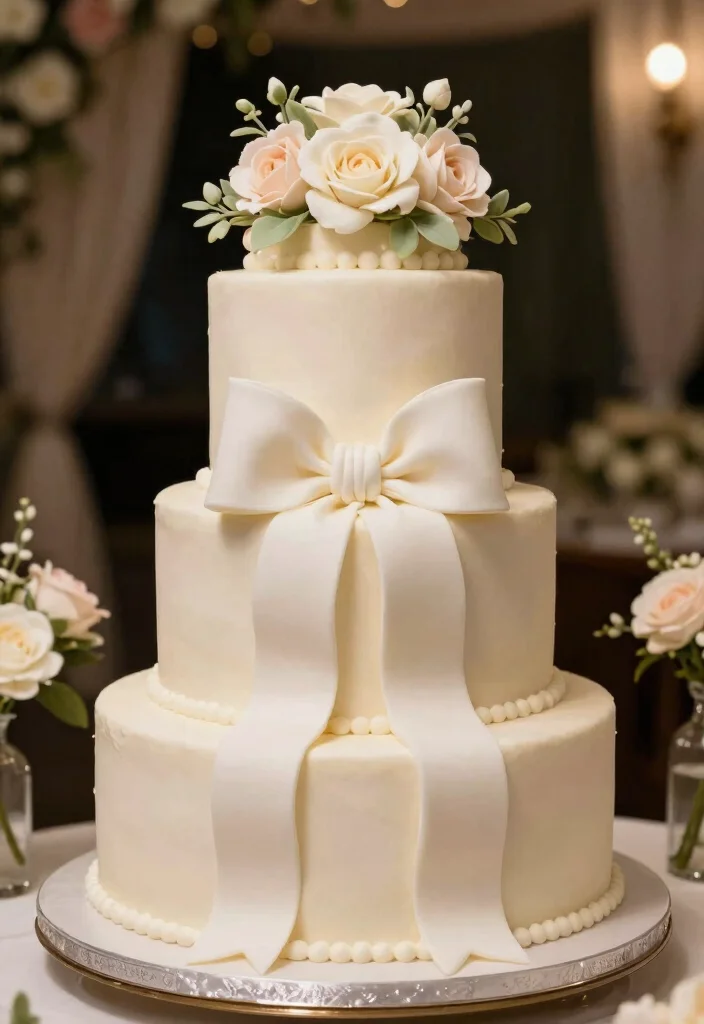 15 Wedding Cake With Bow Ideas: Elegant Soft Detail - 15. Vanilla Bean Cake with a Floral Bow 1