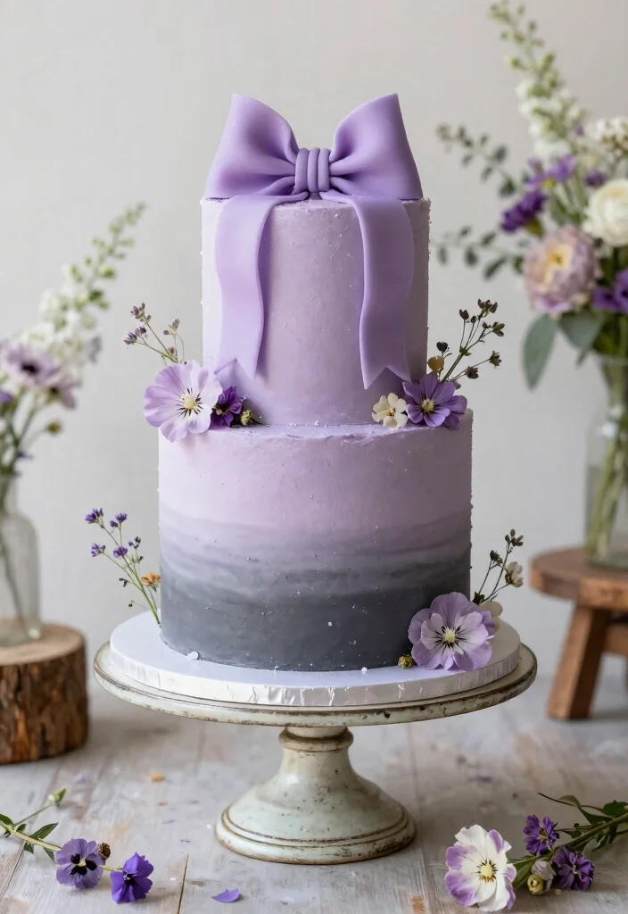 15 Wedding Cake With Bow Ideas: Elegant Soft Detail - 2. Lavender and Gray Ombre Cake with Bow 1