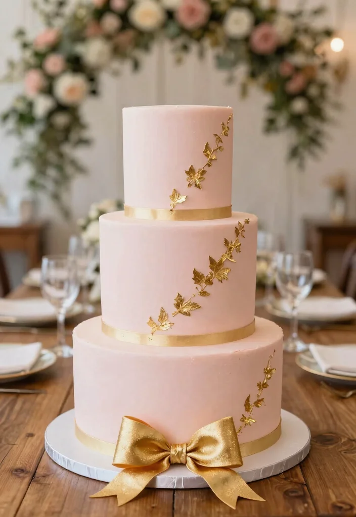 15 Wedding Cake With Bow Ideas: Elegant Soft Detail - 4. Blush Pink Cake with Gold Bow 1