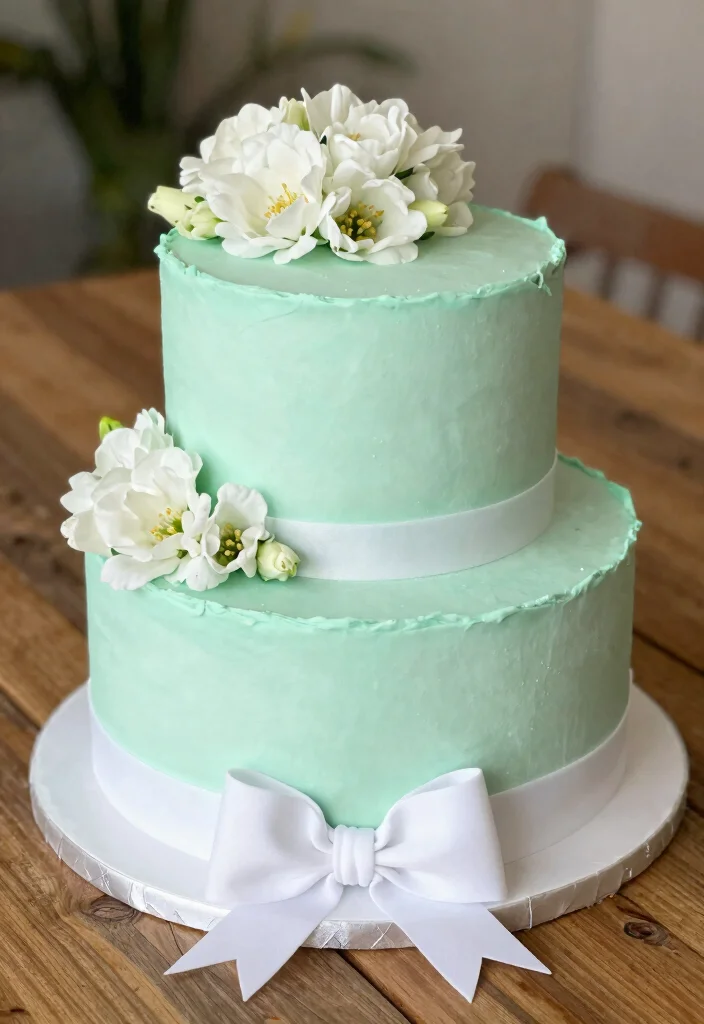 15 Wedding Cake With Bow Ideas: Elegant Soft Detail - 6. Mint Green Cake with White Bow 1