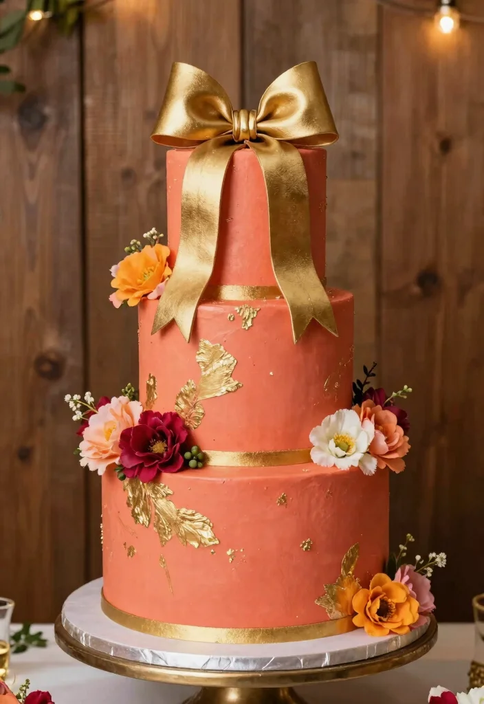 15 Wedding Cake With Bow Ideas: Elegant Soft Detail - 7. Coral and Gold Two-Tier Cake 1