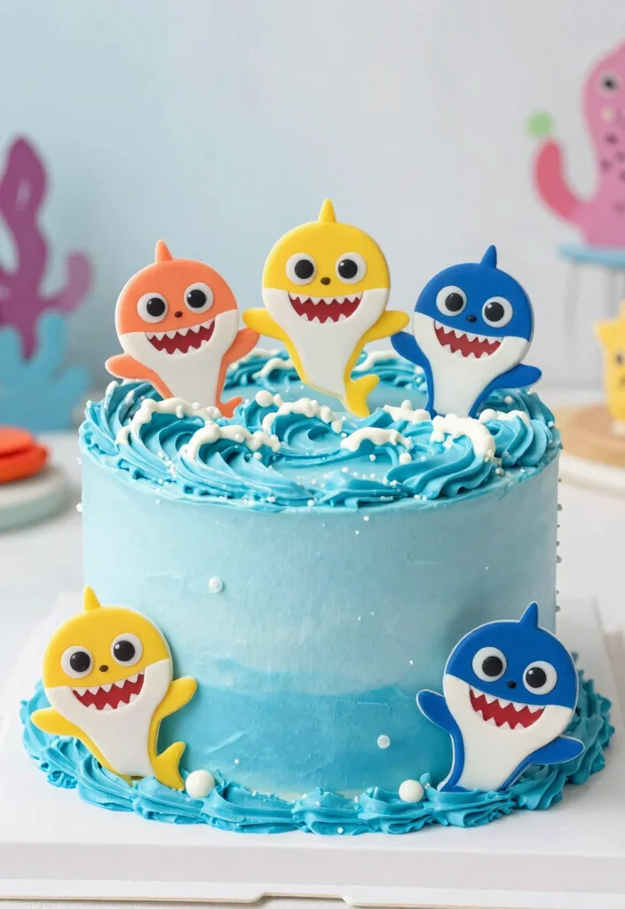 16 Baby Shark Smash Cake Ideas Bright Fun Theme - 8. Baby Shark Ocean Waves Cake 1