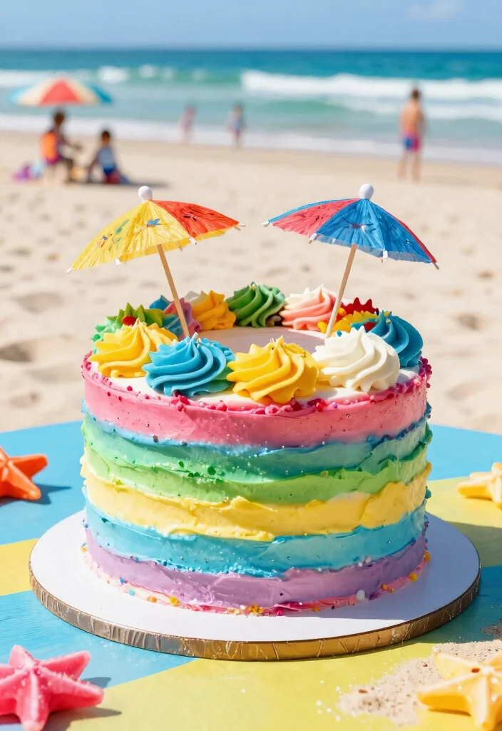 16 Beach Birthday Cake Ideas for a Sunny Tropical Celebration - 12. Rainbow Beach Cake 1