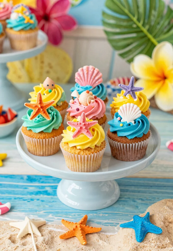 16 Beach Birthday Cake Ideas for a Sunny Tropical Celebration - 13. Starfish and Seashell Cupcakes 1