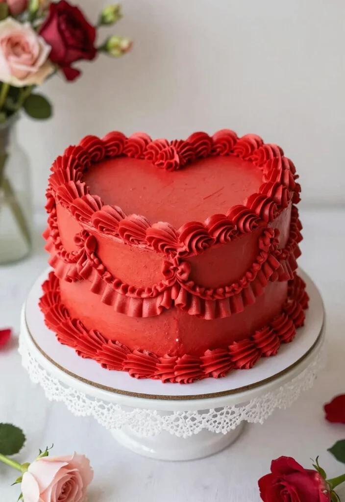 16 Red Heart Cake Design Ideas for a Bold Romantic Look - 13. Red Heart Ruffle Cake 1