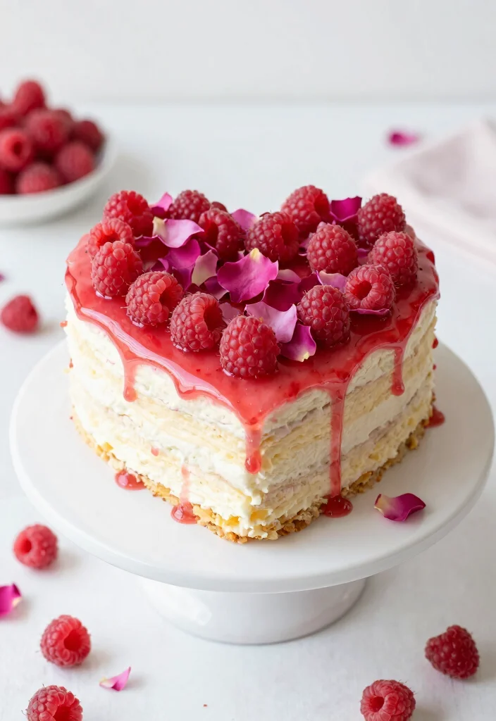 16 Red Heart Cake Design Ideas for a Bold Romantic Look - 5. Raspberry Rose Heart Cake 1