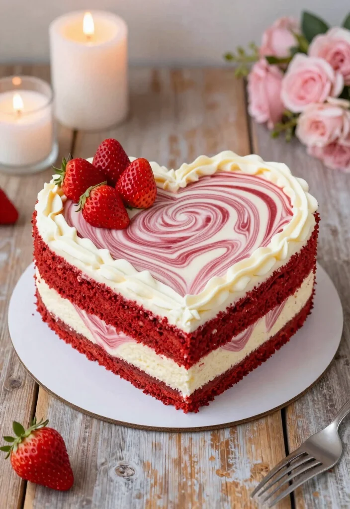16 Red Heart Cake Design Ideas for a Bold Romantic Look - 6. Marble Red and White Heart Cake 1