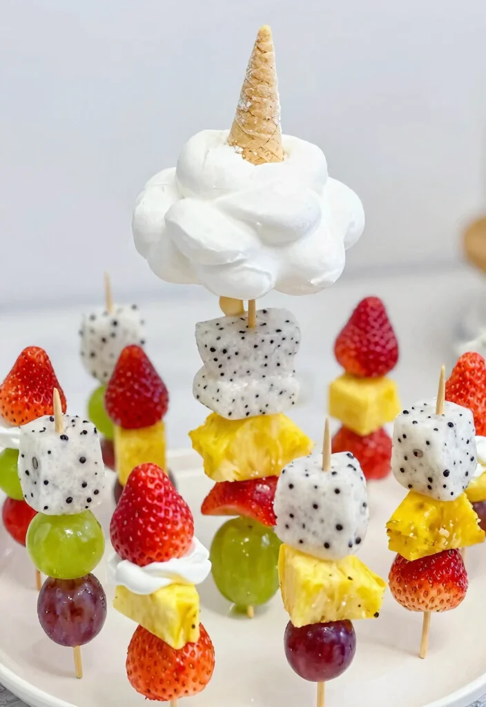16 Small Unicorn Cake Ideas: Cute Magical Designs - 10. Unicorn Fruit Kabobs 1