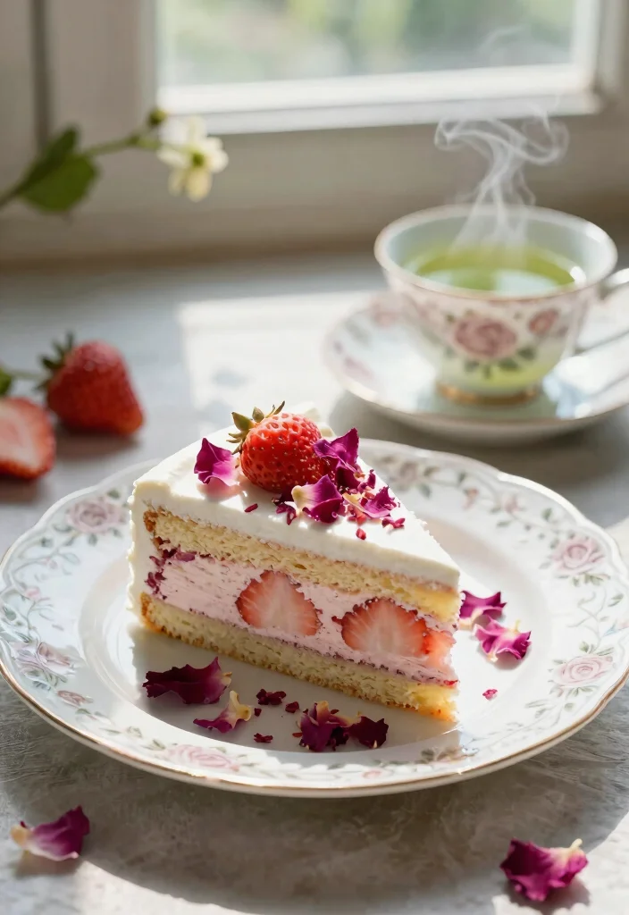 16 Strawberry Cake Slice Ideas for Elegant Dessert Styling - 2. Strawberry Rose Water Cake Slice 1