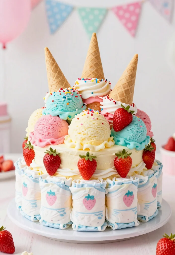 16 Strawberry Diaper Cake Ideas Cute Baby Shower Decor - 10. Strawberry Ice Cream Diaper Cake 1
