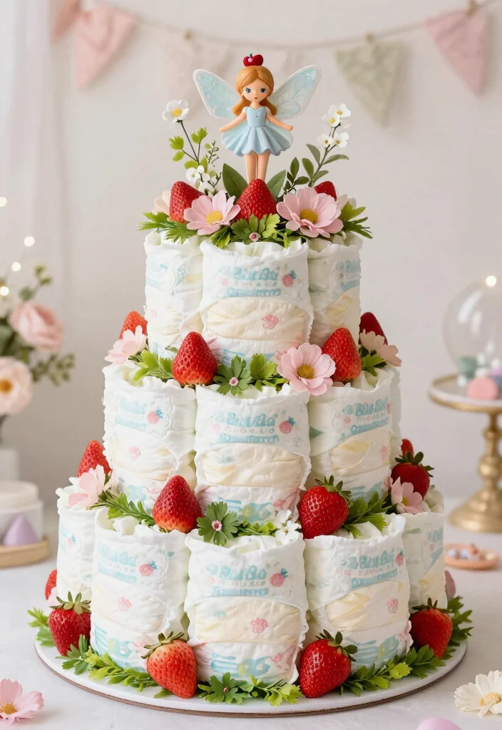 16 Strawberry Diaper Cake Ideas Cute Baby Shower Decor - 11. Strawberry Fairy Garden Diaper Cake 1