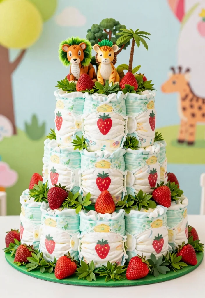 16 Strawberry Diaper Cake Ideas Cute Baby Shower Decor - 12. Strawberry Jungle Diaper Cake 1