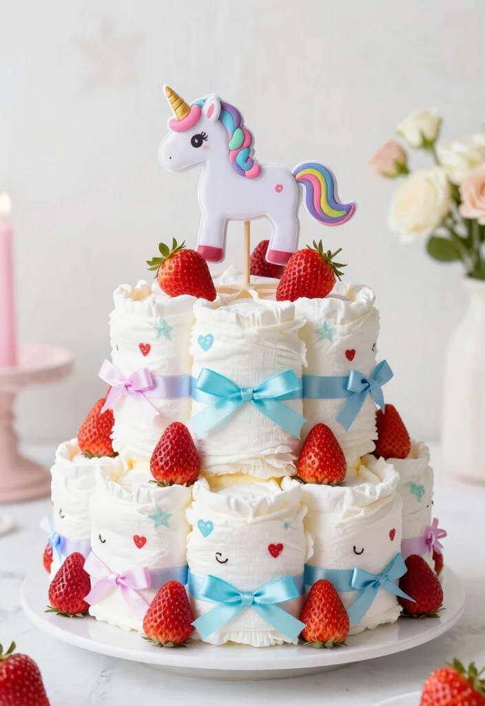 16 Strawberry Diaper Cake Ideas Cute Baby Shower Decor - 14. Strawberry Unicorn Diaper Cake 1