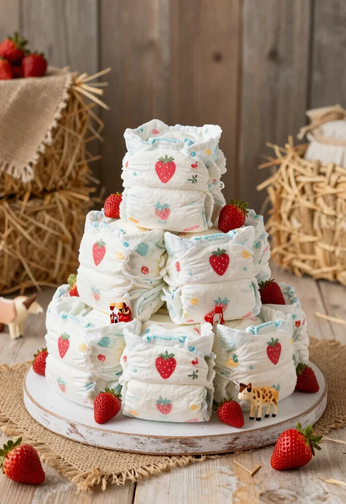 16 Strawberry Diaper Cake Ideas Cute Baby Shower Decor - 15. Strawberry Farmyard Diaper Cake 1