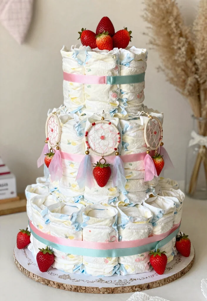 16 Strawberry Diaper Cake Ideas Cute Baby Shower Decor - 16. Strawberry Dreamcatcher Diaper Cake 1