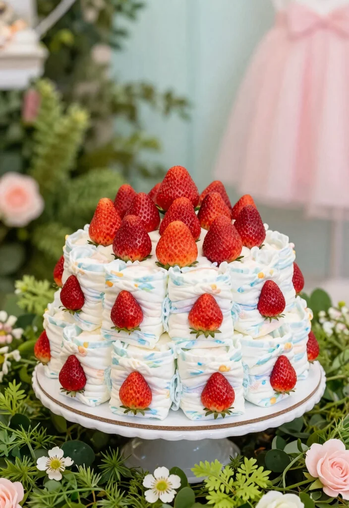 16 Strawberry Diaper Cake Ideas Cute Baby Shower Decor - 2. Strawberry Fields Diaper Cake 1