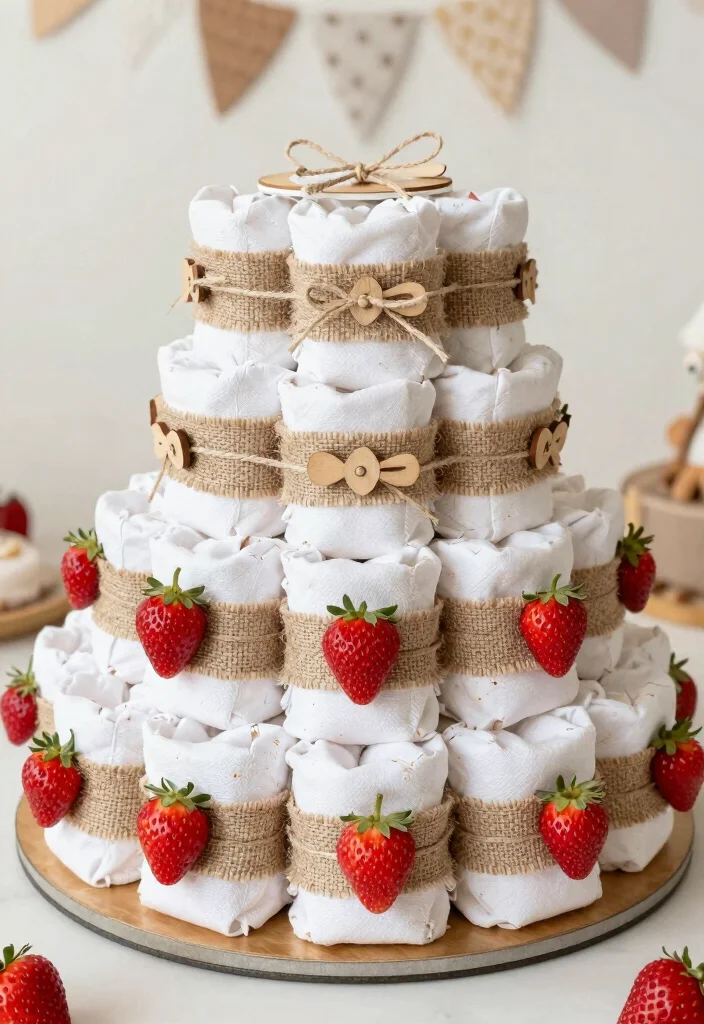 16 Strawberry Diaper Cake Ideas Cute Baby Shower Decor - 5. Rustic Strawberry Patch Diaper Cake 1
