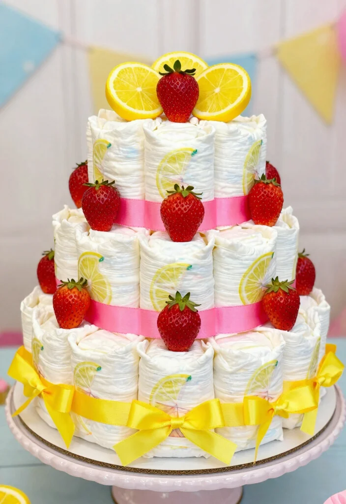 16 Strawberry Diaper Cake Ideas Cute Baby Shower Decor - 7. Strawberry Lemonade Diaper Cake 1