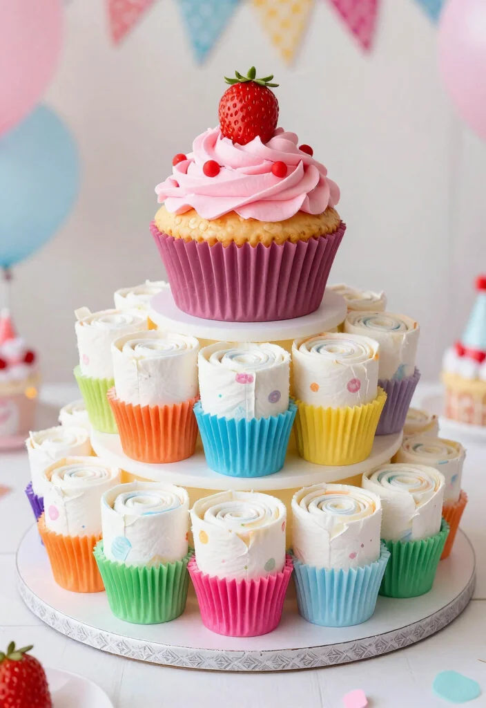 16 Strawberry Diaper Cake Ideas Cute Baby Shower Decor - 8. Strawberry Cupcake Diaper Cake 1