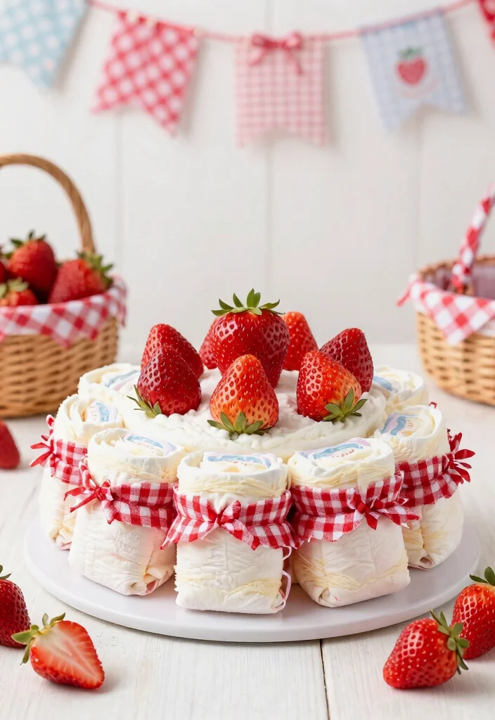 16 Strawberry Diaper Cake Ideas Cute Baby Shower Decor - 9. Strawberry Picnic Diaper Cake 1
