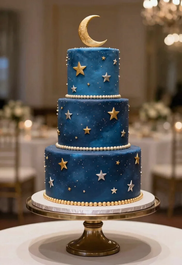 16 White and Blue Wedding Cake Ideas for a Classic Fresh Look - 10. Twinkling Night Sky 1