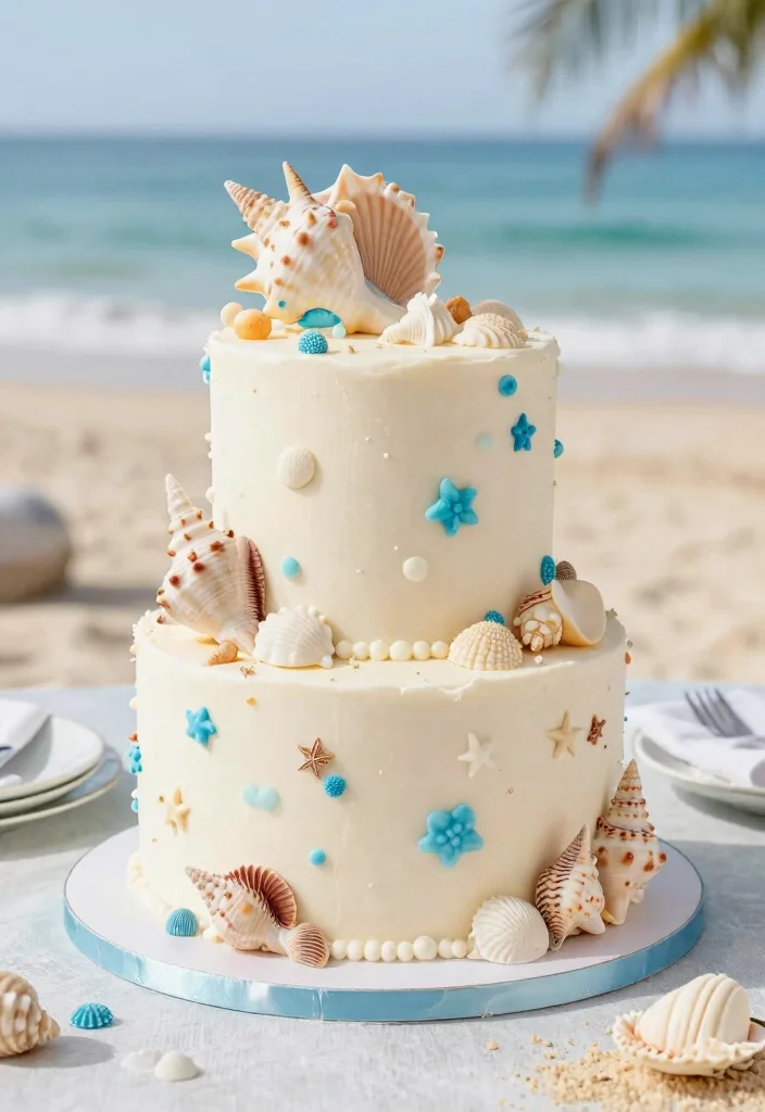 16 White and Blue Wedding Cake Ideas for a Classic Fresh Look - 14. Seashell Elegance 1