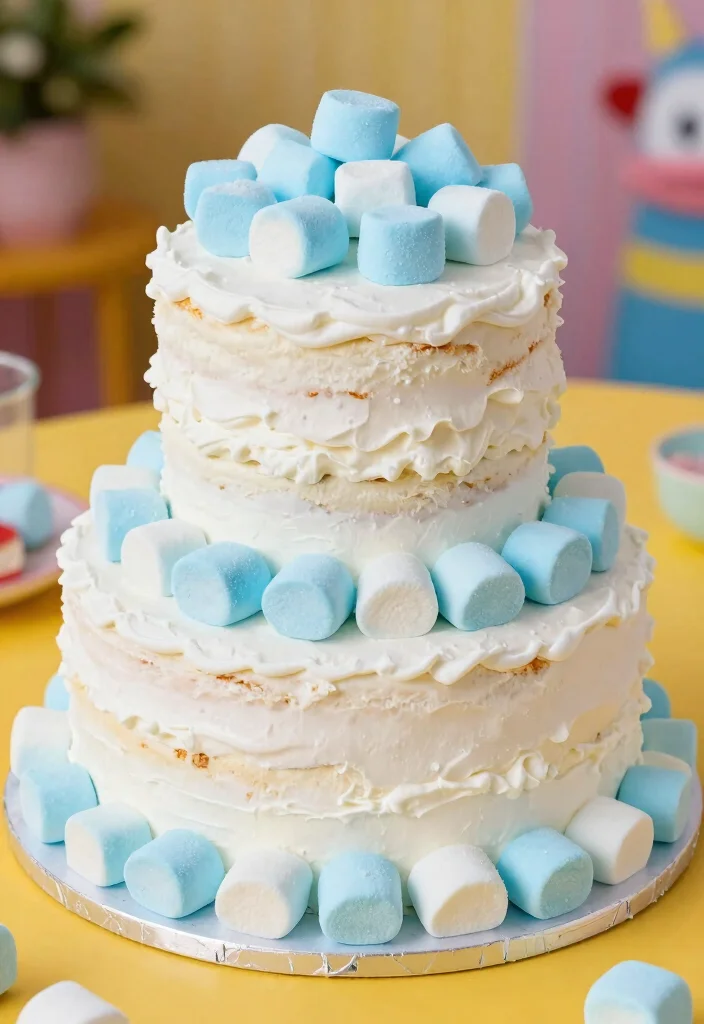 16 White and Blue Wedding Cake Ideas for a Classic Fresh Look - 16. Whimsical Marshmallow Cake 1