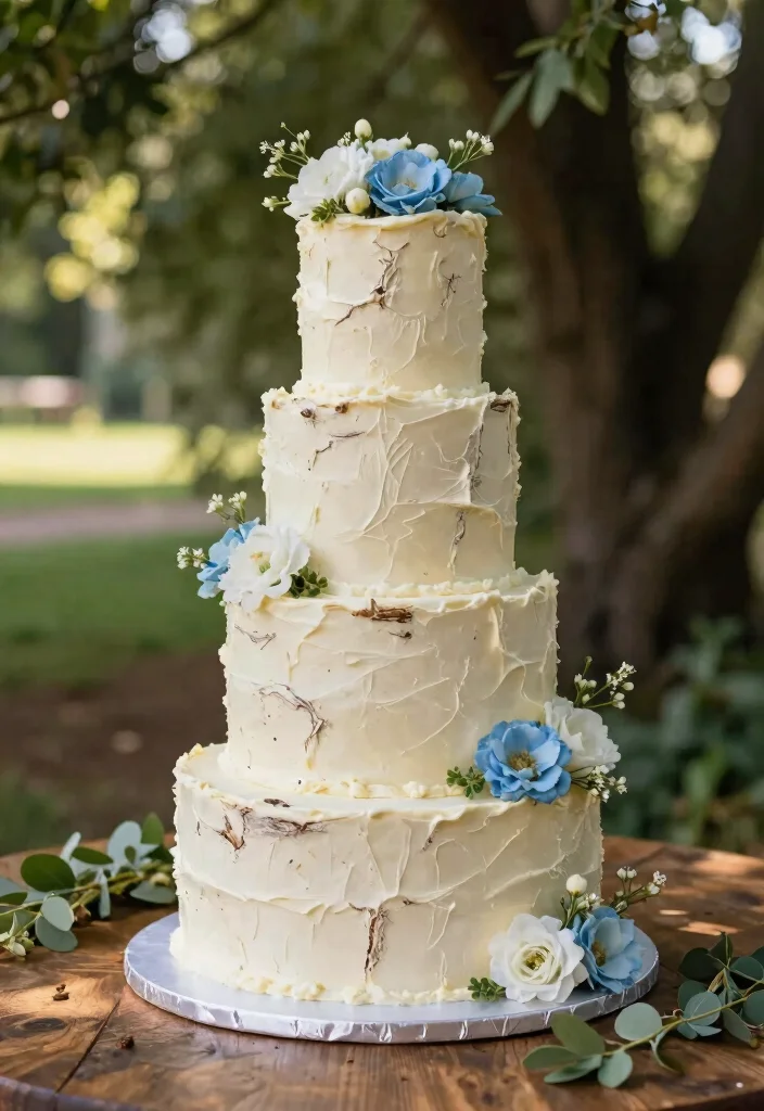 16 White and Blue Wedding Cake Ideas for a Classic Fresh Look - 4. Rustic Tiered Masterpiece 1