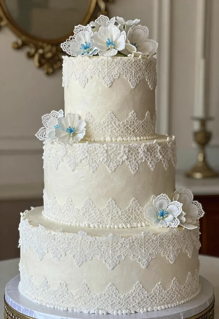 16 White and Blue Wedding Cake Ideas for a Classic Fresh Look - 6. Vintage Lace Charm 1