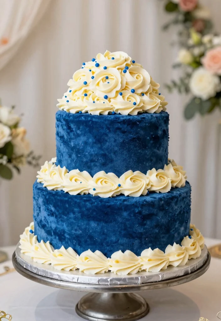 16 White and Blue Wedding Cake Ideas for a Classic Fresh Look - 7. Blue Velvet Indulgence 1