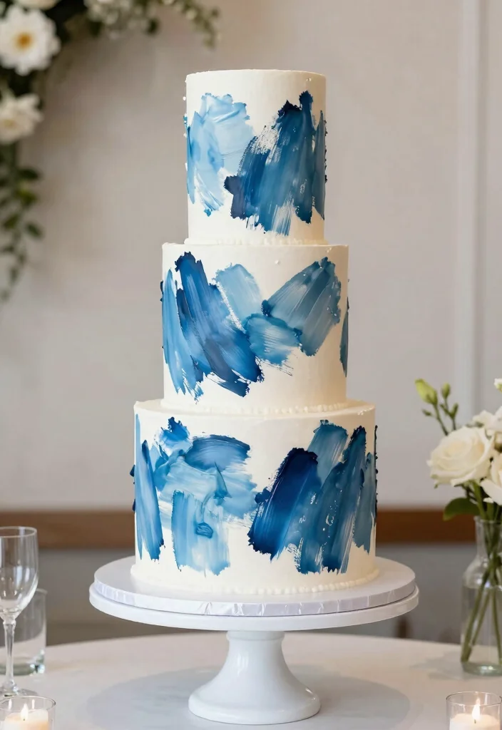 16 White and Blue Wedding Cake Ideas for a Classic Fresh Look - 9. Artistic Brushstroke Design 1