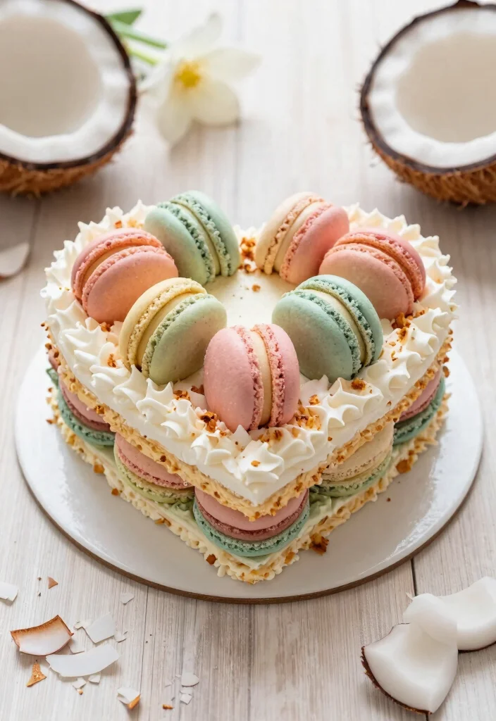 17 Heart Shaped Cake Ideas for a Romantic Sweet Style - 9. Coconut Macaron Heart Cake 1