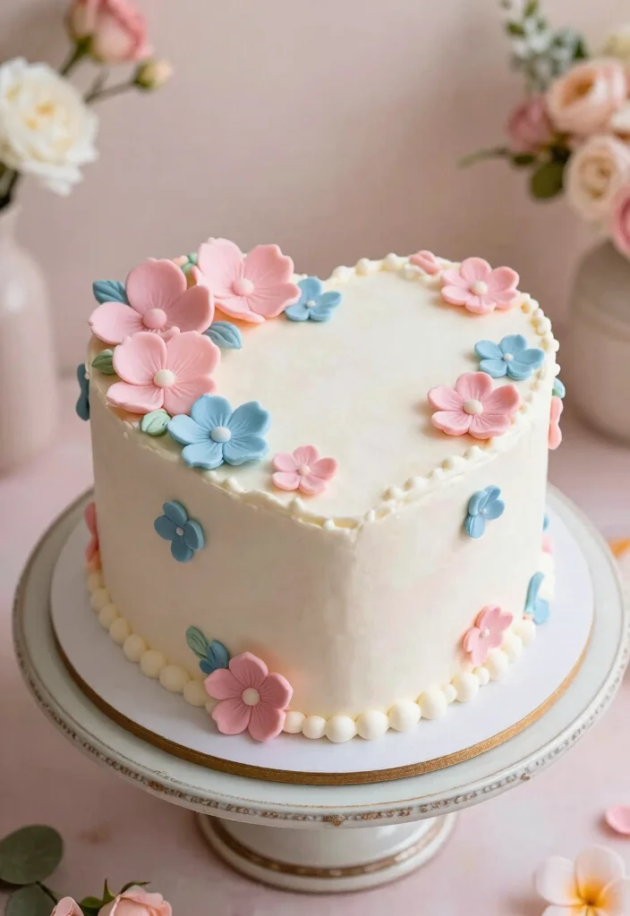 17 Heart Shaped Gender Reveal Cake Ideas Cute Surprise Design - 8. Layered Heart Cake with Fondant Flowers 1