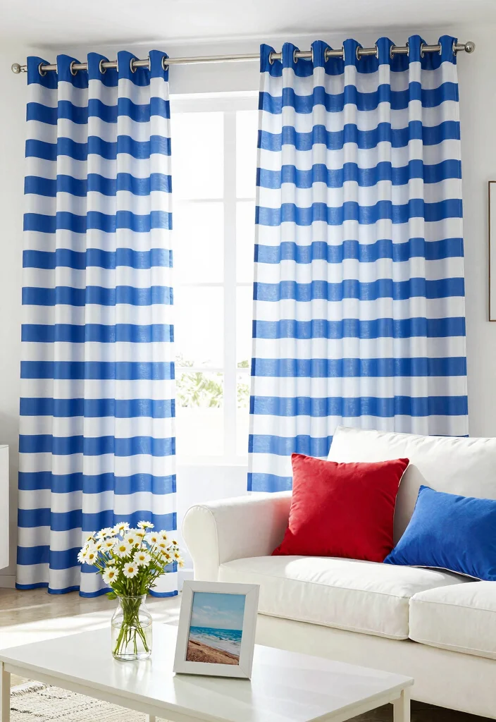 15 Beach House Curtains Ideas With Breezy Coastal Vibes - 2. Nautical Patterns 1