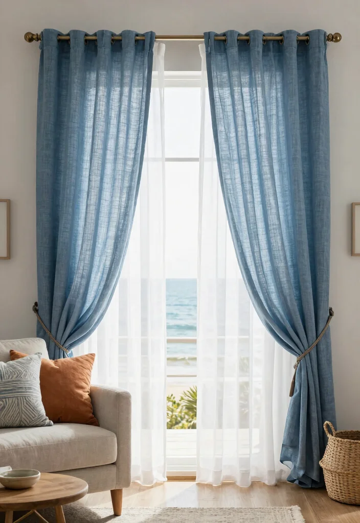 15 Beach House Curtains Ideas With Breezy Coastal Vibes - 8. Layered Textiles 1