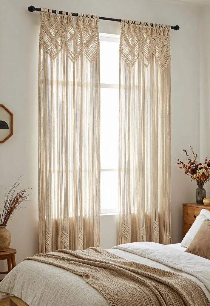 15 Best Curtains for Bedroom Ideas With Cozy Comfort - 11. Macrame Curtain Panels for Texture and Boho Style 1