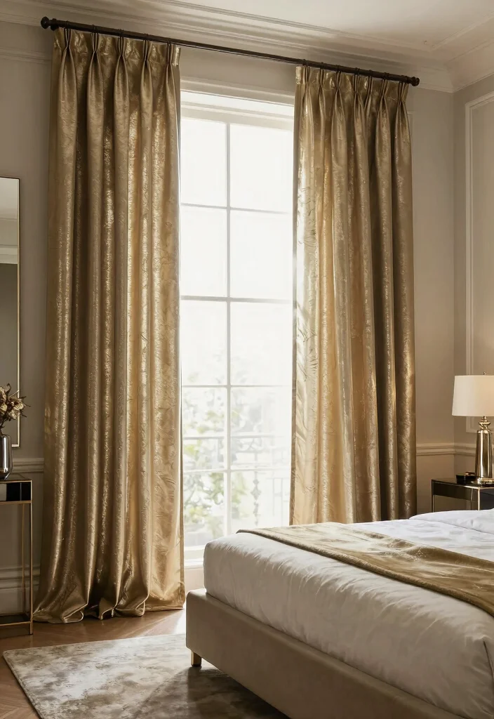 15 Best Curtains for Bedroom Ideas With Cozy Comfort - 13. Metallic Sheen Curtains for an Elegant Touch 1
