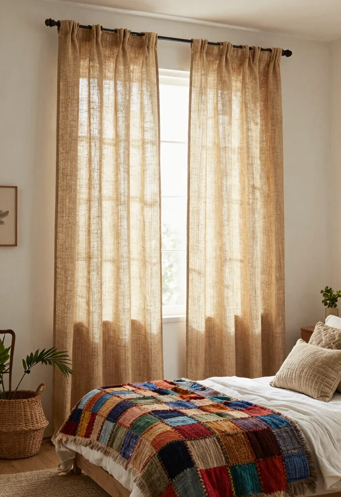 15 Best Curtains for Bedroom Ideas With Cozy Comfort - 7. Rustic Jute Curtains for a Bohemian Touch 1