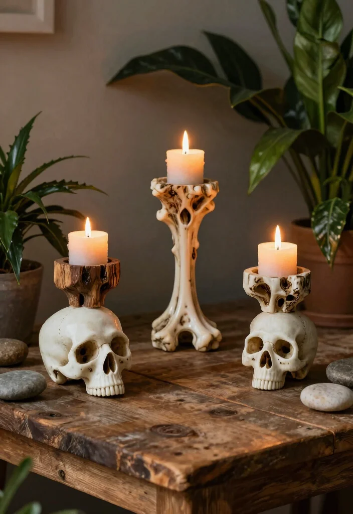 15 Skull Candle Holder Ideas With Dark Aesthetic Charm - 4. Rustic Skull Bone Candle Holders 1