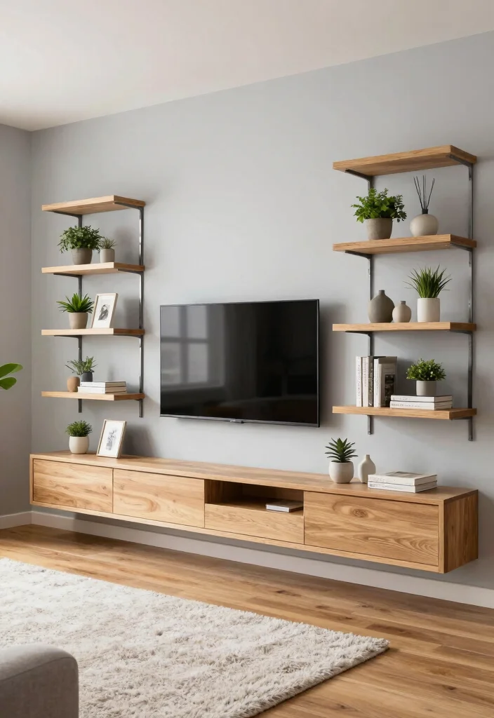 16 Side of TV Wall Decor Ideas That Complete Your Space - 1. Minimalist Floating Shelves 1