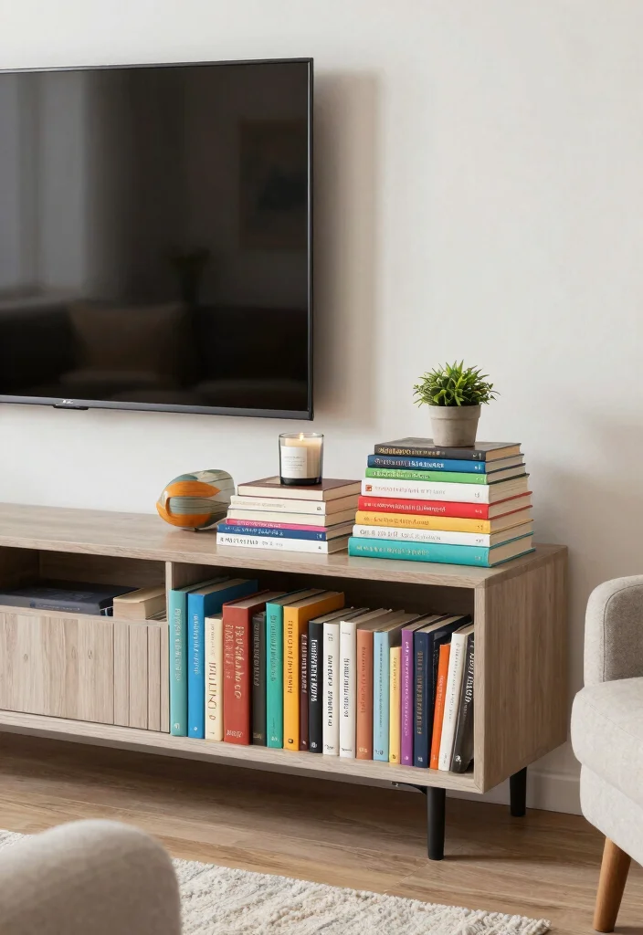 16 Side of TV Wall Decor Ideas That Complete Your Space - 12. Use of Colorful Books 1
