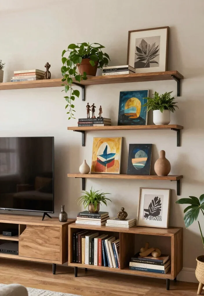 16 Side of TV Wall Decor Ideas That Complete Your Space - 13. Incorporating Artwork Into Shelving 1